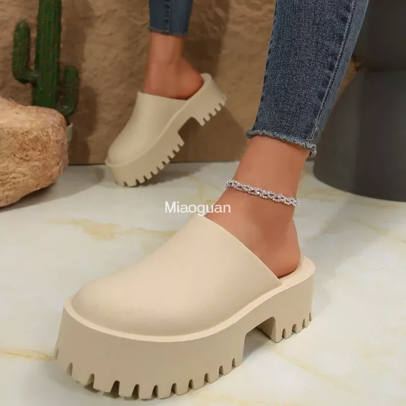 Summer Women\'s Platform Slippers Waterproof Casual Mule Sandals Chunky Comfort Wedges Black Beach Shoes Round Head 2024 New PU