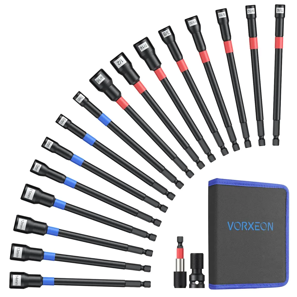 

Extra Long Magnetic Nut Driver Set For Impact Drill, 18PCS 6 inch Metric SAE Nut Drivers Cr-V Steel 6 mm to 14 mm