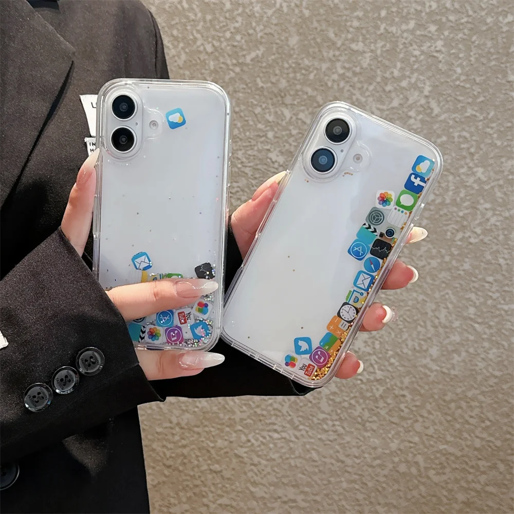 Cute App Icon Glitter Liquid Bling Case Cover For iPhone 16 Pro Max 15 Plus 14 13 12 11 Quicksand Shiny Cellur Phone Capa Coque