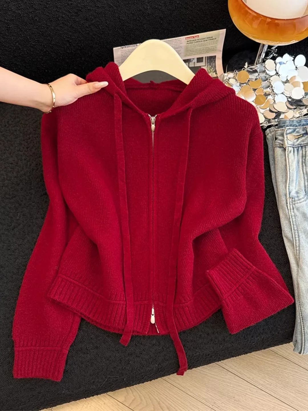 

Red Knitted Sweater Coat Women's Loose Outerwear Double Zipper Hooded Fashionable Top for Autumn Winter Casual Online Exclusive