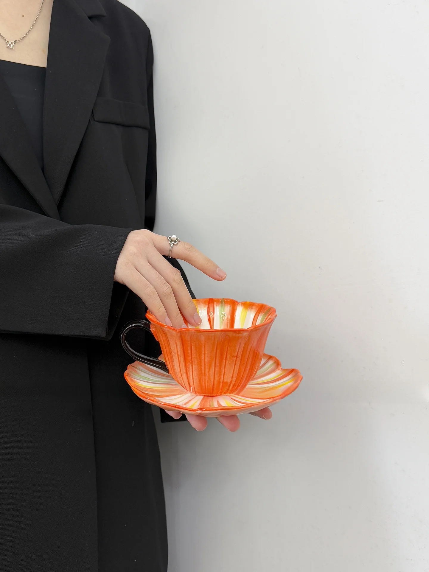 Orange Half Cup Set with Coffee Saucer Vibrant Afternoon Tea Ceramic Coffee Cups Couple Matching Set Microwave And Dishwasher...