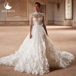 Aedmgh Ball Gown Luxury Wedding Dresses 2024 High Neck Long Sleeve Vestido De Novia Embroidery 3D Flowers Robe De Mariee