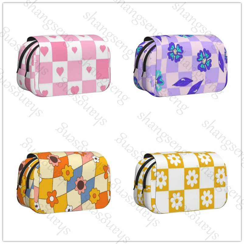 

Pencil Box Double Flip Pencil Box School Supplies Children's Pencil Box Storage Cosmetic Bag Student Gift Checkerboard Flower