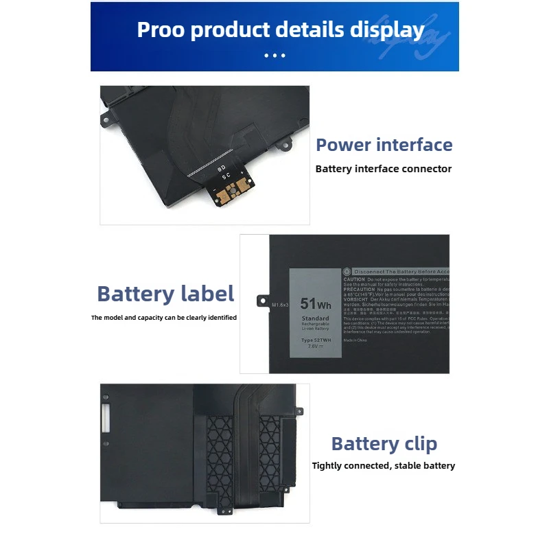 Applicable to Dell XPS 13 7390 9310 2in1 2-in-1 X1W0D Laptop Battery 52TWH 6375mAh 7.6V