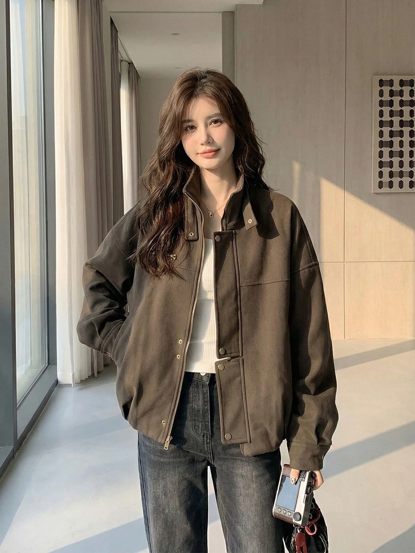 Retro American Style Brown Short Leather Jacket Women's Loose Motorcycle PU Leather Coat Autumn Cool Wind Stand Collar Top