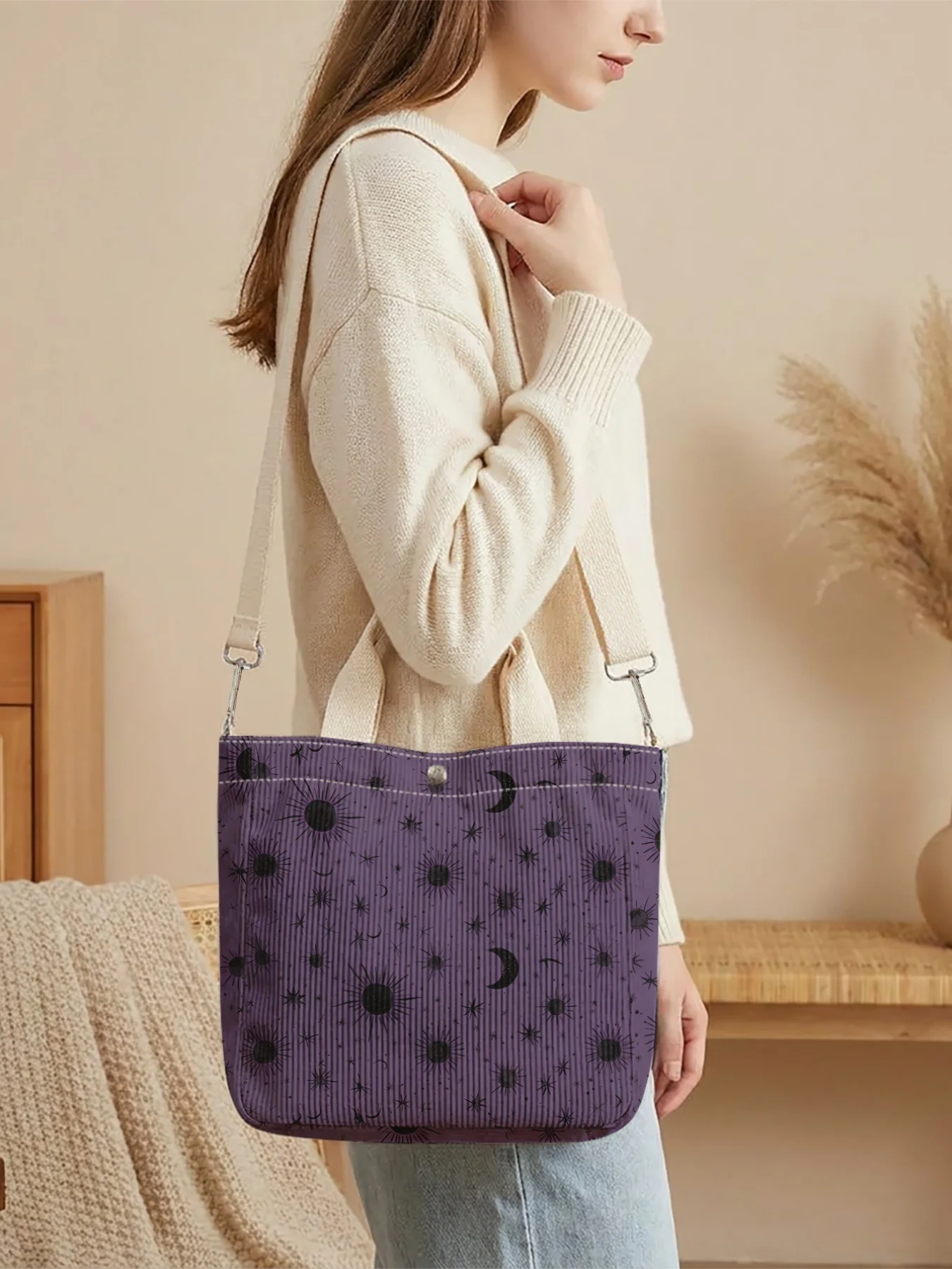 Sun Moon Star Print Crossbody Tote Bag Removable Strap Handbag For Shopping Daily Use