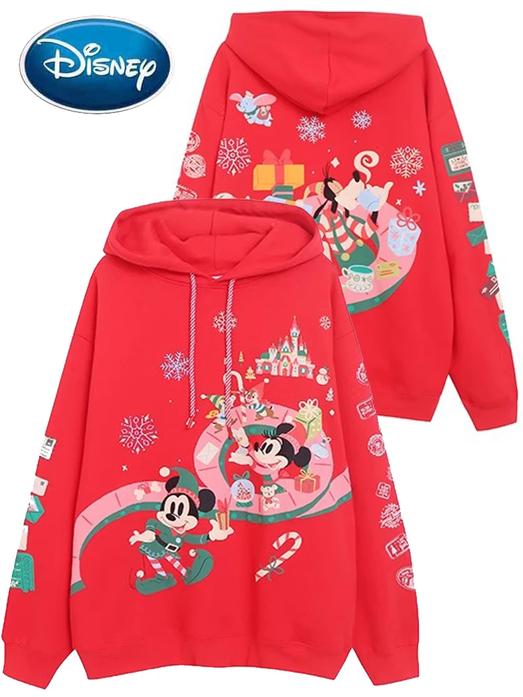 Disney Merry Christmas Castle Mickey Mouse Family Print Sweatshirt Fashion Women Hooded Jumper Tops + Pants Red Streetwear Femme