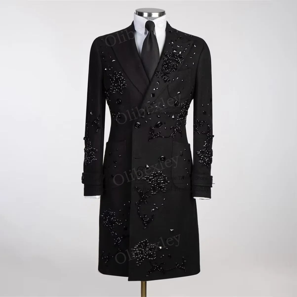 

Olibexley Men Black Slim Fit Long Suit Beaded Crystals One Button Groom Business Dinner Party High Quality 2 Pieces Set
