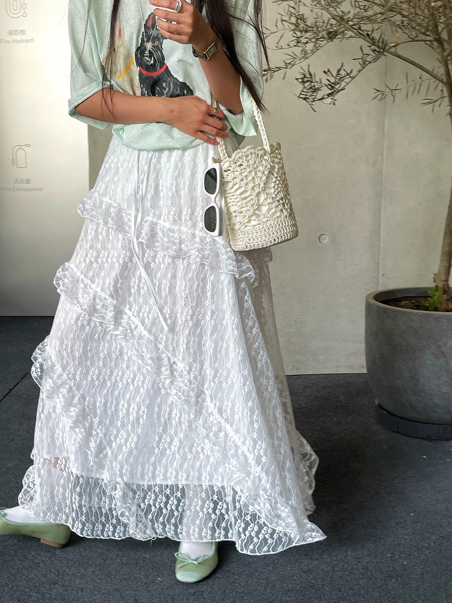 

Элегантная белая кружевная юбка А-силуэта для женщин: новая модель весна-лето, с высокой талией, дышащая, приятная к телу, облегающая