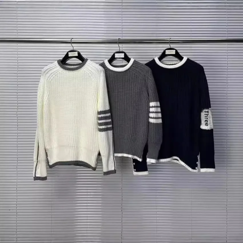 TB Tom Autumn/Winter New White Edge Thick Stick Round Neck Sweater Men Women's Casual Comfortable Sweater Factory Direct