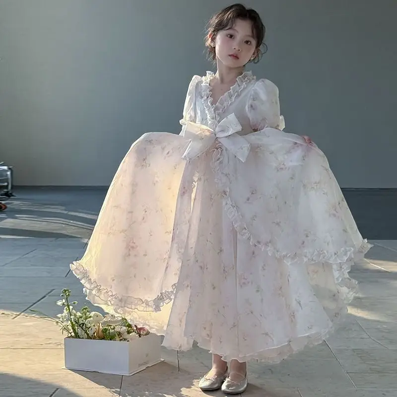 Baby Girls Summer Sweet Skirts Pink Princess Ball Gown Floral Bow Birthday Party Puff sleeve Clothes Mesh Gauze Long Dress