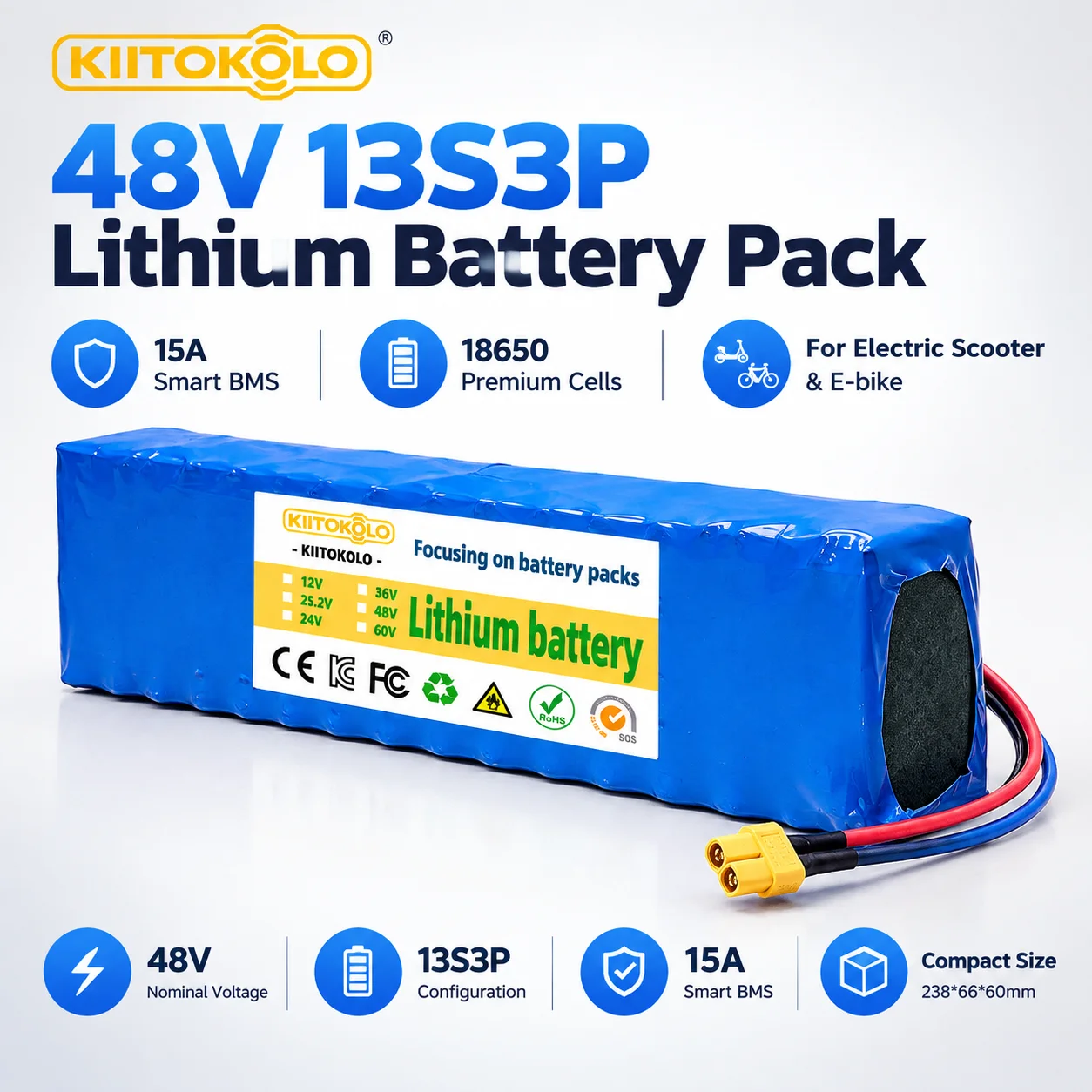 48V 7500mAh 13S3P Li-ion Battery Pack Built-in BMS + 54.6V Charger High Capacity Electric Scooter Battery Replacement