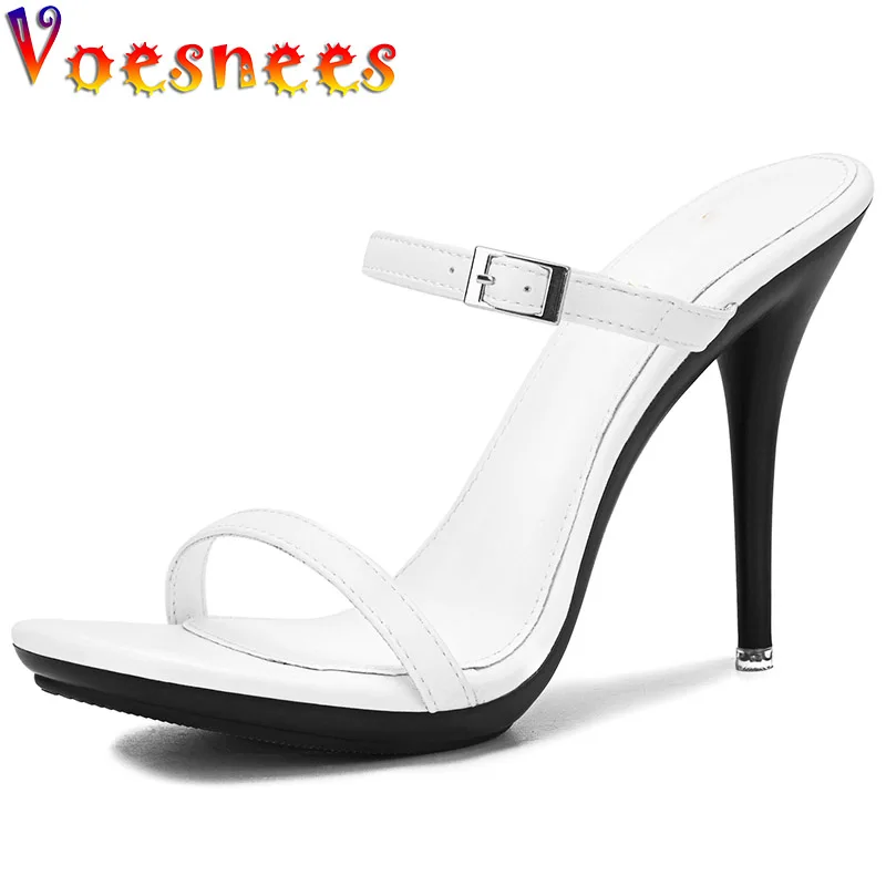 New Design Metal Buckle Slippers Fashion High Heel White One Word Band Shoes Woman Pumps Summer Slides Comfort Everyday Sandals