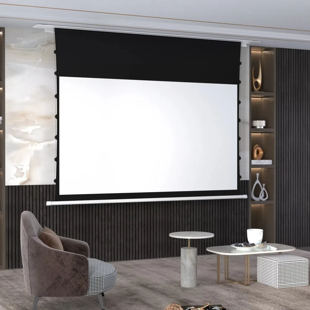 100/120/150 Inch Matte White Hidden in-ceiling Recessed Electric Projector Screen with Remote Control 16:9 4K Projection Screen
