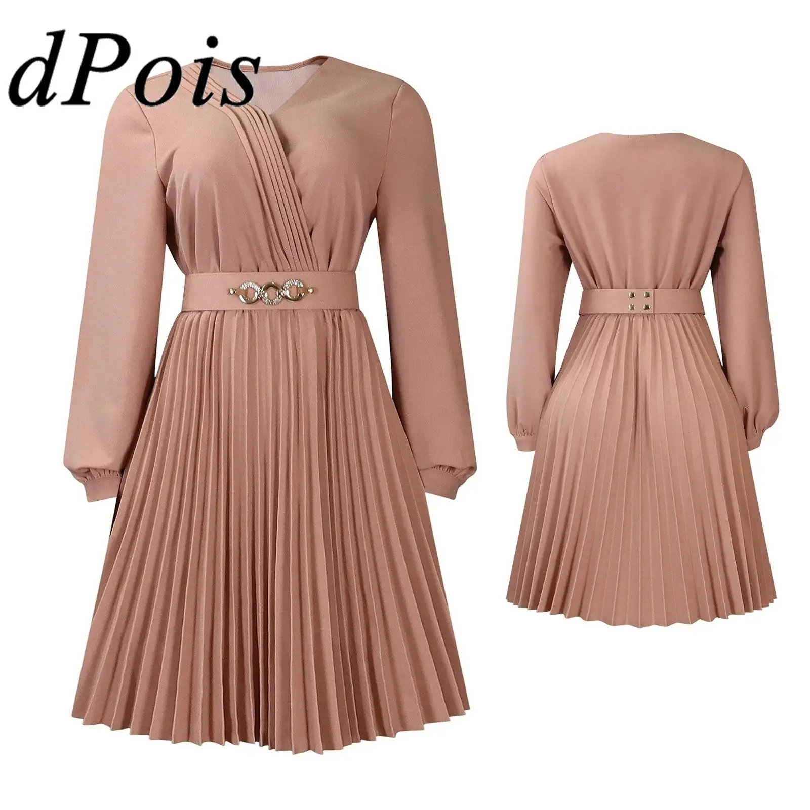 

Women Elegant Dress Long Sleeve V-neck Pleated A-line Party Dresses with Belt for Wedding Banquet Pageant Summer Beach Vestidos