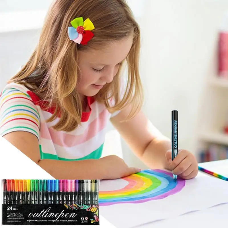 Glitter Outline Markers Shimmer Marker Set Colorful Double Lines Outline Pens Self-Outline Markers For Glitter Doodle Drawing