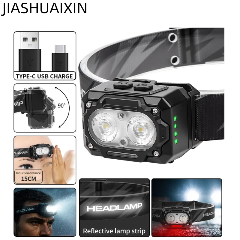 

JIASHUAIXIN Новый светодиодный индуктивный небольшой налобный фонарь, литиевая батарея 3AAA, универсальный налобный фонарь с зарядкой сильного света TYPE-C