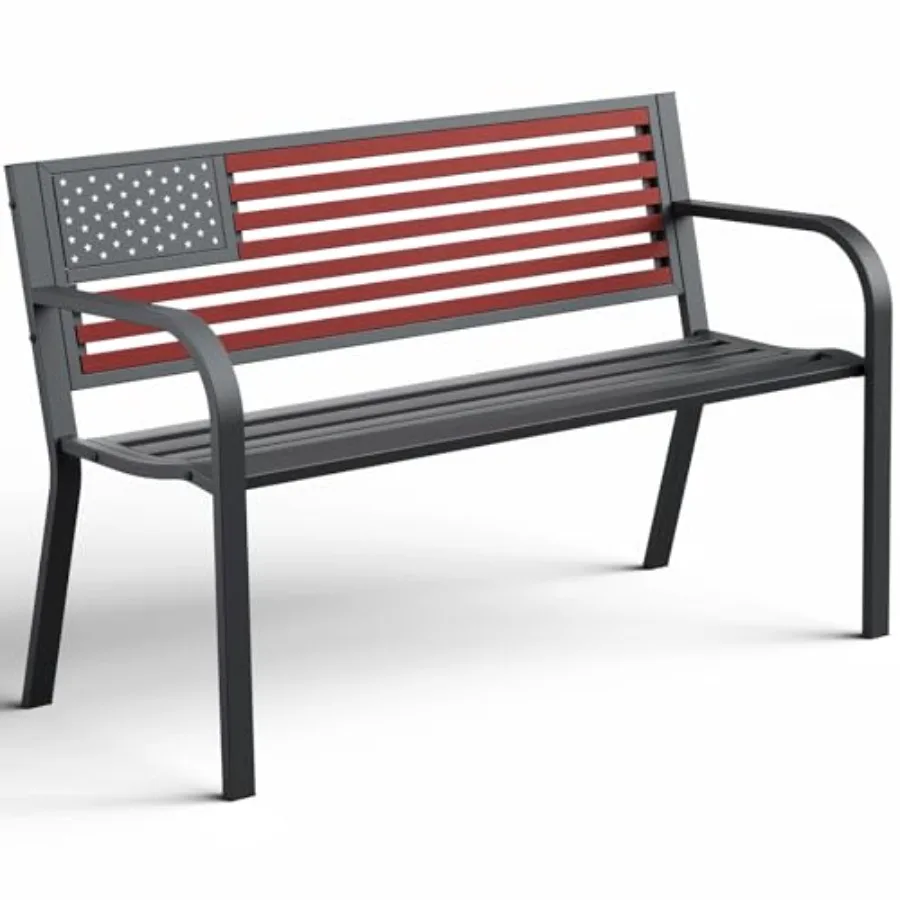 

Outdoor bench for garden or patio use cast iron steel construction red-white-blue stars and stripes design sturdy 2-person seat