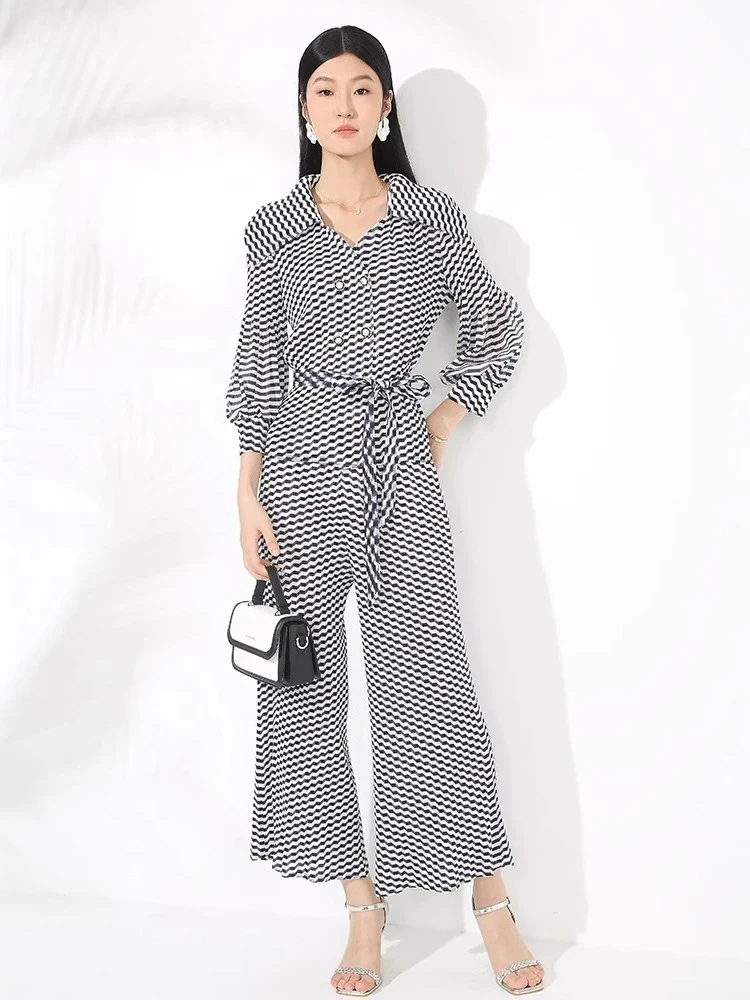 

Pleated Printed Temperament Women's Suit Lapel Bubble Sleeve Lace-up Top with High-waisted Wide-legged Pants 2025 Summer New