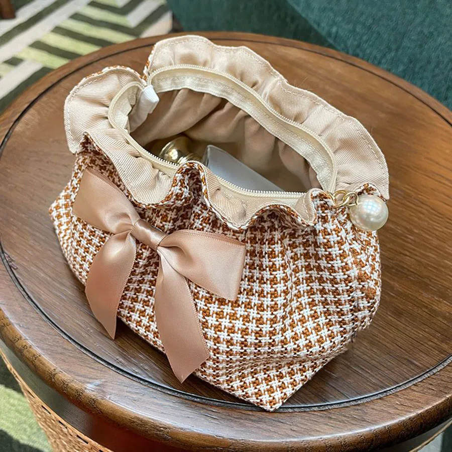 حقيبة مكياج شبكية مع عقدة على شكل فيونكة حقيبة يد بسحاب عالي الجودة لمنتجات العناية بالبشرة حقيبة تخزين حقيبة صغيرة للنساء حقيبة تخزين للسفر #1