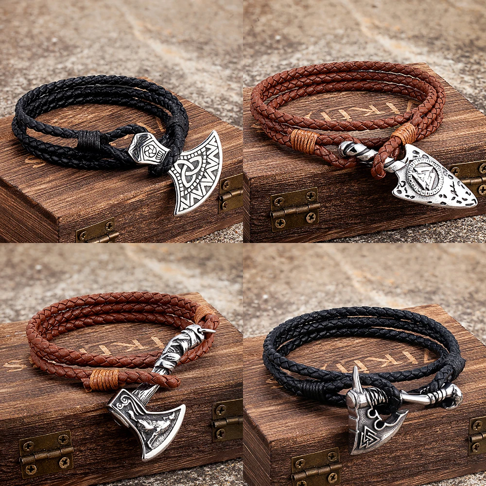 Vintage Viking Style Genuine Leather Wrap Bracelets Men Stainless