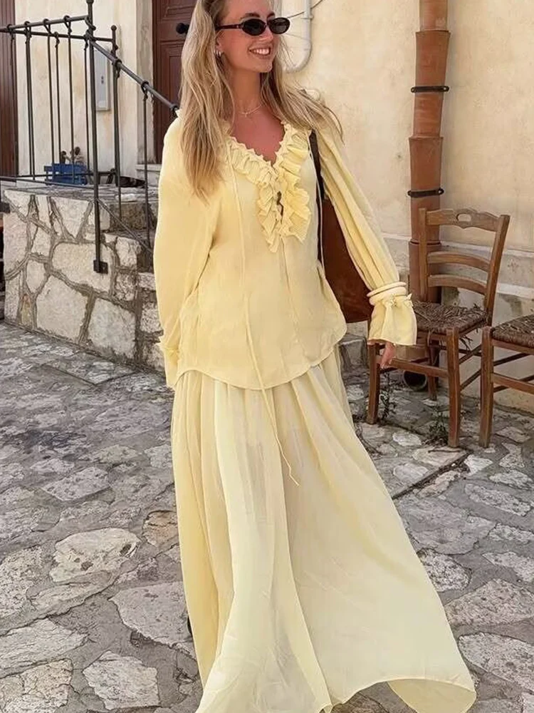 TFMLN 여성 프릴 레이스 업 셔츠 스커트 세트 캐주얼 패션 느슨한 긴 소매 V 넥 여름 블라우스 미디 스커트 레이디 홀리데이 슈트