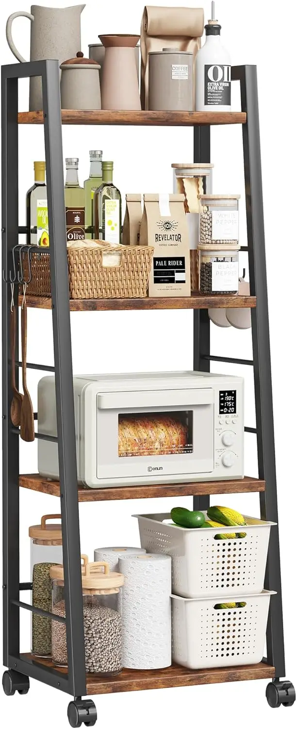 

4 Tier Kitchen Storage Cart with Lockable Wheels & 6 Hooks, Mobile Utility Organizer Rolling Cart for