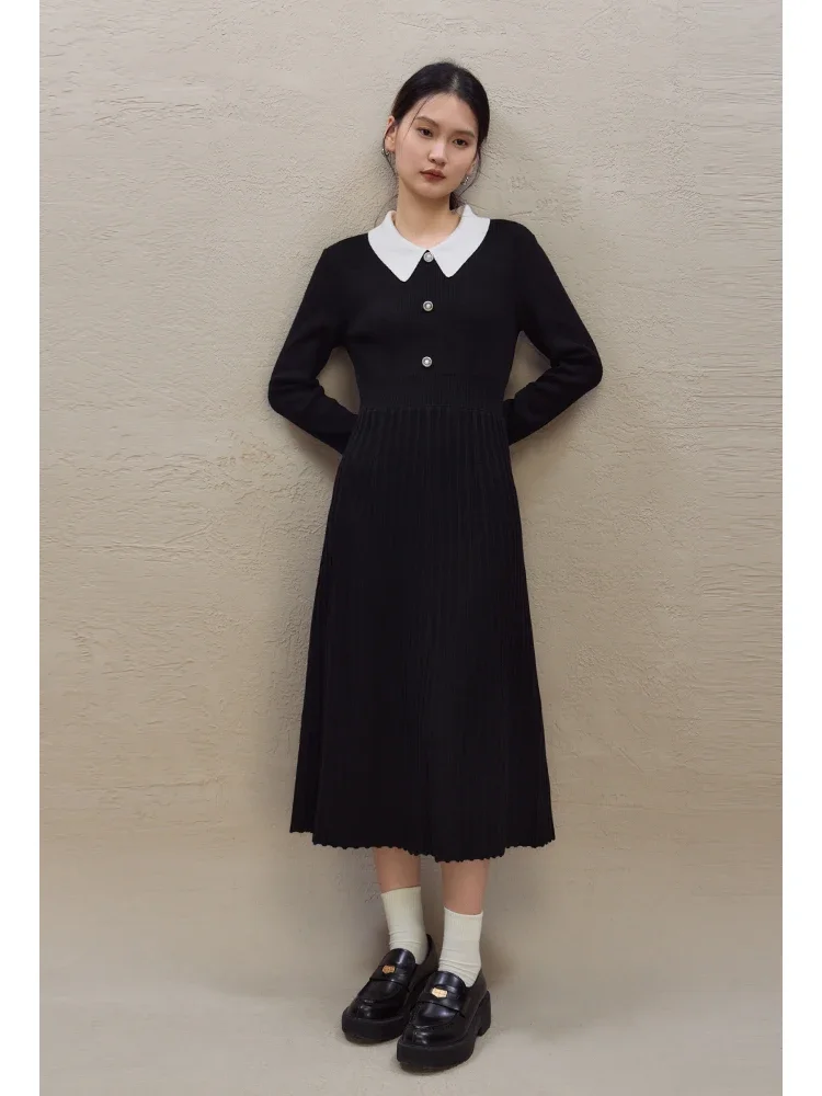 ZIQIAO Petite French Retro Hepburn Style Knitted Dress For Women 2023 Haute Couture High Waistband Slimming Mid Length Dress