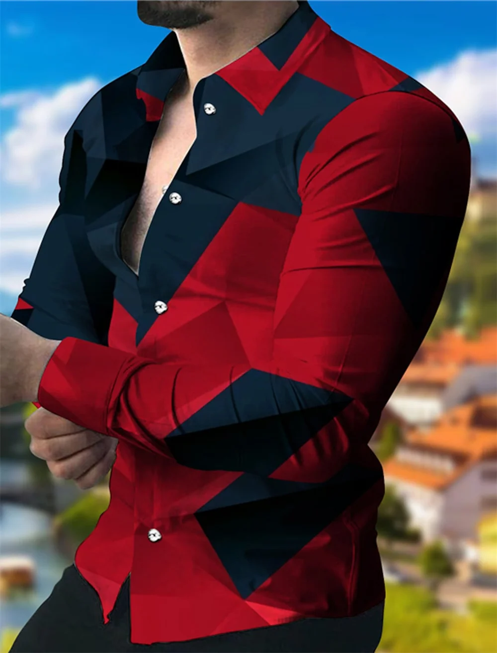 2023 men\'s party top luxury social men\'s lapel button shirt 3D printing long-sleeved shirt casual street designer clothing