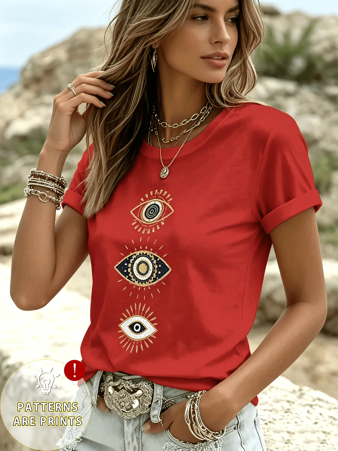 Bohemian Mysterious Eye Pattern Top Türkiye Eye Theme Round Neck Short Sleeve Blue Gold Color Pair Evil Eye Casual Daily T-shirt view 6