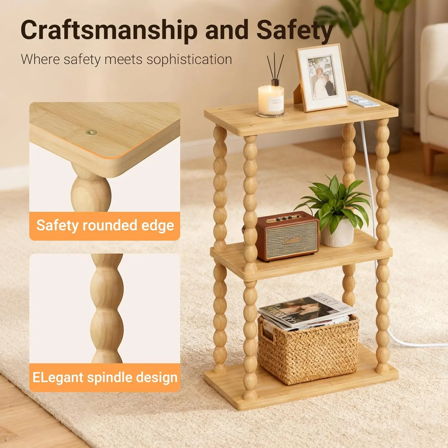 Side Table with Charging Station, Small End Tables Living Room with USB Port and Outlet, 3-Tier Narrow Bamboo Bedside Table N