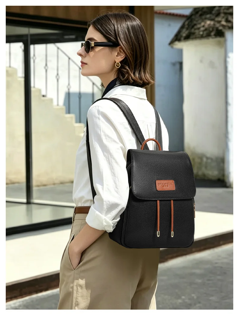 Aidanni Minimalistischer Stil Schwarzer Rucksack aus Vollnarbenleder für Damen, 2026 Neue Mode Lässige Reisetasche – Detail 3