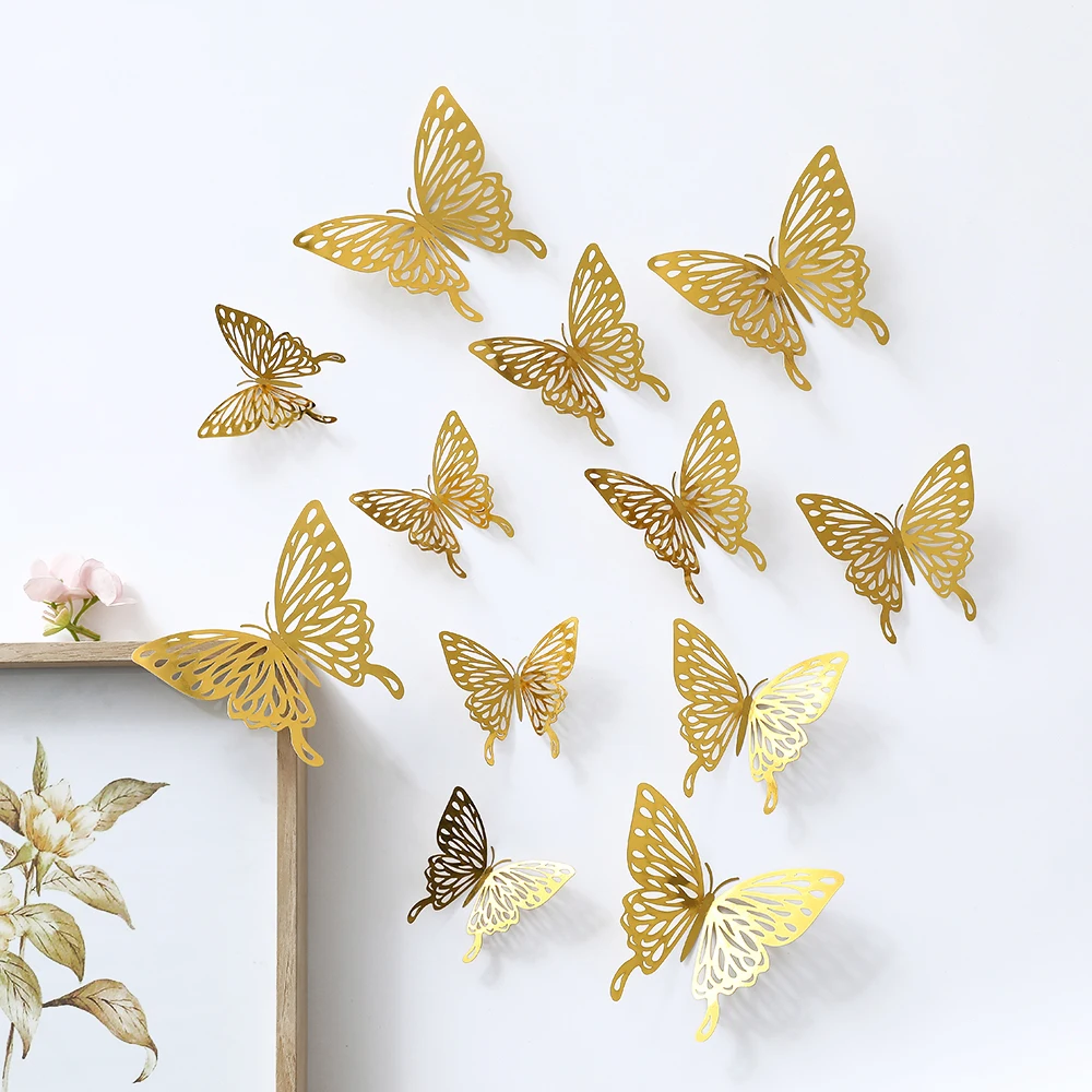 12/24Pcs 3D Butterfies Wall Sticker Gold Rose Gold Silver Butterfly Dragonfly Decal Mural Home Decoration Cake Decor Accessories