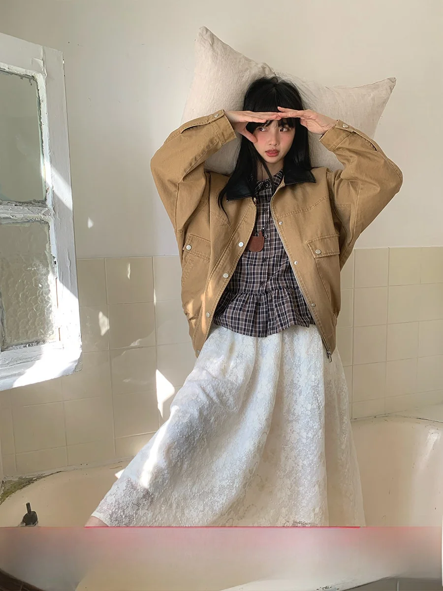 

Винтажная кожаная куртка-жакет в рабочем стиле, весенняя джинсовая верхняя одежда, женское модное короткое пальто из 100% хлопка, длинный рукав