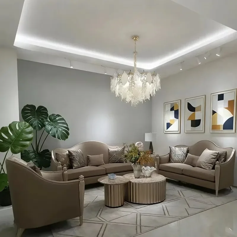 American light luxury Meike-style genuine leather sofa living room combo French uniquely shaped villa high-end solid wood furnit