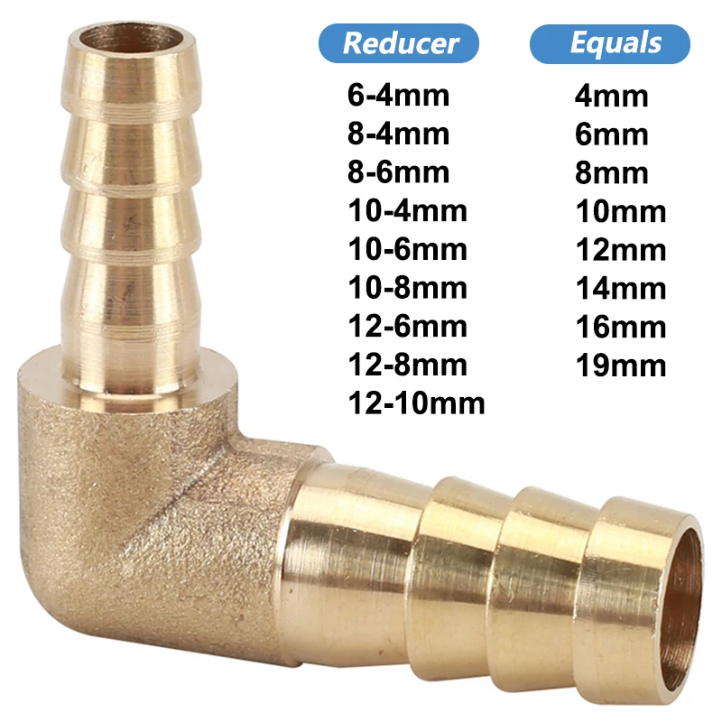 1pcs OD 4 6 8 10 12 14 16 19mm Hose Barb Connector Brass L-shape 2 Way Barbed Pipe Fitting Reducer/Equals Connector Pagoda Joint