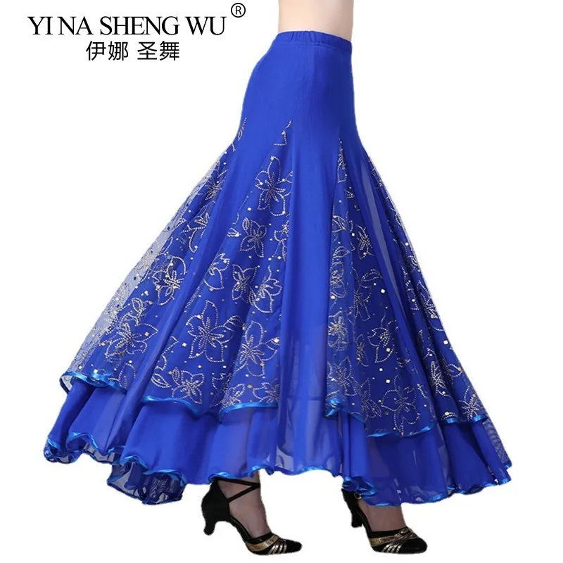 볼룸 댄스 모던 댄스 연습 스커트 여성 스팽글 대형 스윙 스커트 스퀘어 댄스 댄스 롱 스커트 퍼포먼스 댄스 스커트