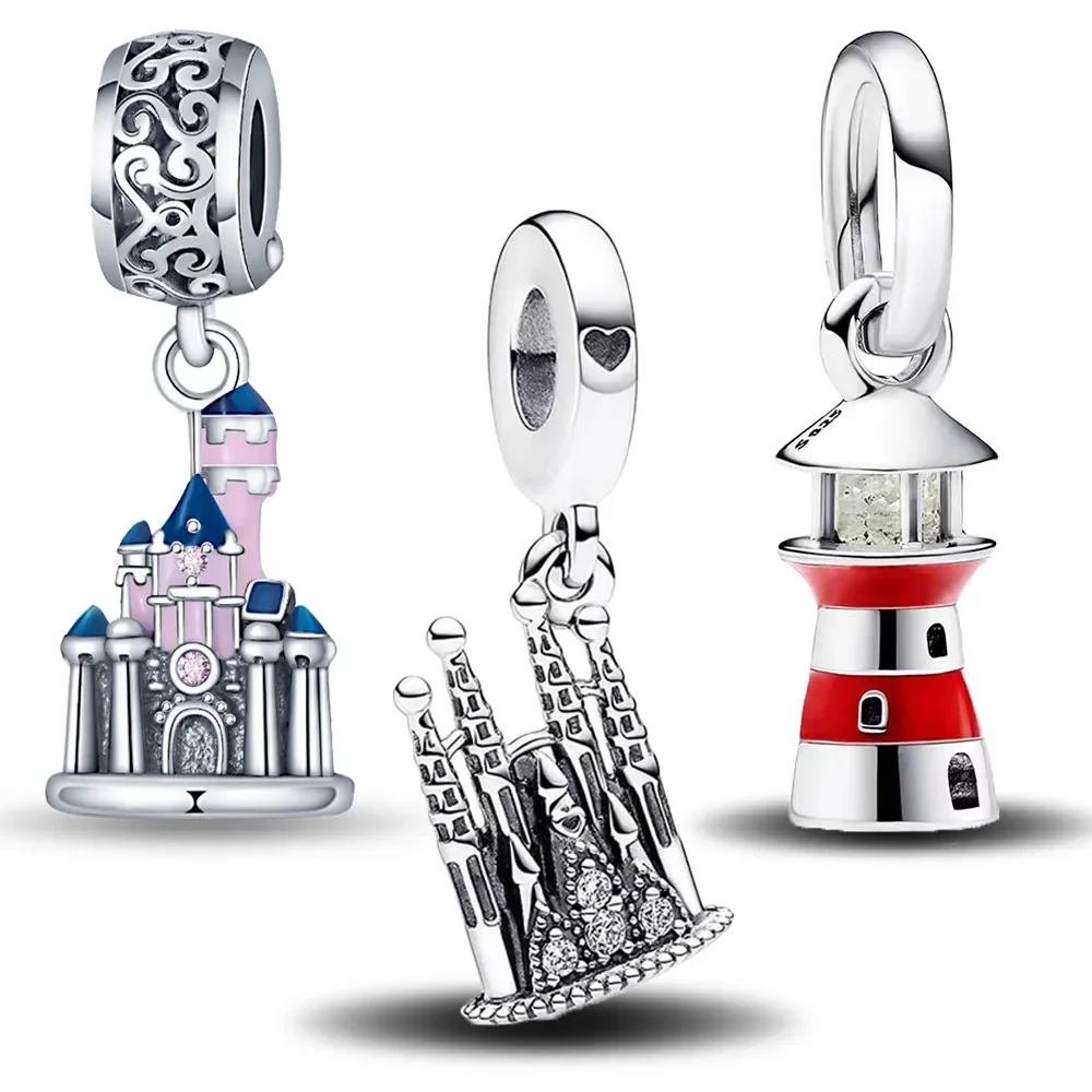 925 Sterling Silver Architectural Series Castle Lighthouse Pendant Fit Pandora Women Charms Original Bracelets DIY Jewelry Gifts