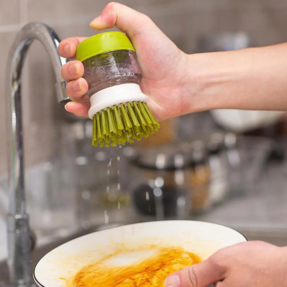 Kitchen Scrub Brush Multifunctional Press Cleaning Brush with Soap Dispenser Dish Scrubber Washing Up Brush for Sink Pots Pans