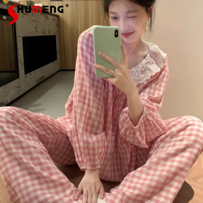 

Women's Spring Autumn Pajamas Pure Cotton Pink Plaid Sweet Loungewear Ladies Princess Style Lace Long Sleeve Homewear Set