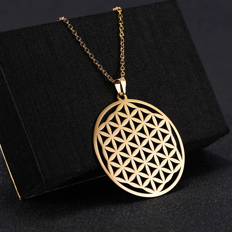 Teamer Vintage Flower of Life Stainless Steel Necklace for Women Viking Round Pendant Long Neck Chain Wicca Amulet Jewelry Gifts