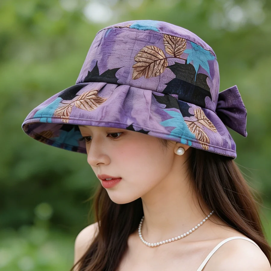 Retro Maple Leaf Print Wide-Brimmed Sun Hat, Foldable Sun Protection Bucket Hat, Suitable for Beach Vacations, Shopping, Commuting, and Other Occasions
