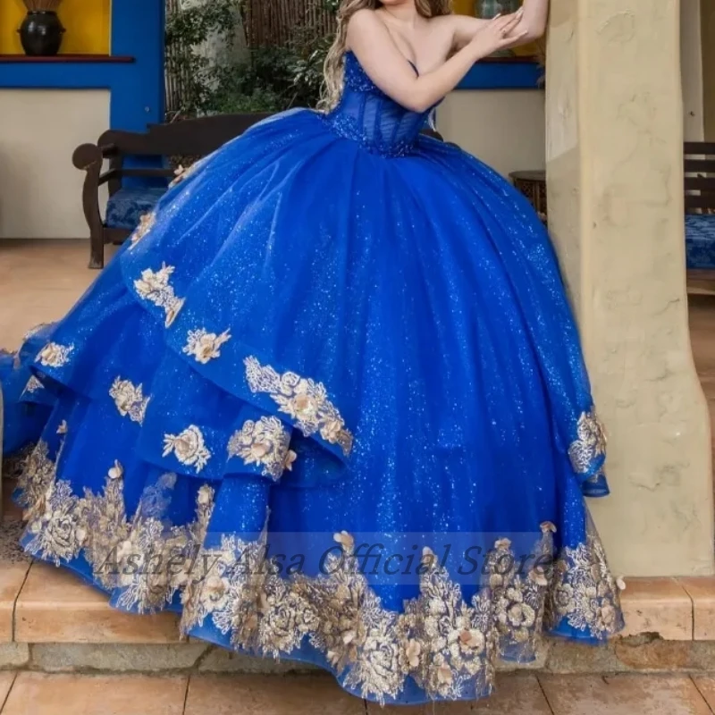 Customized Luxury Royal Blue Sweet 16 Girl Quinceanera Dresses Gold Lace Applique Ball Gown Vestido De 15 xv Prom Party Dress