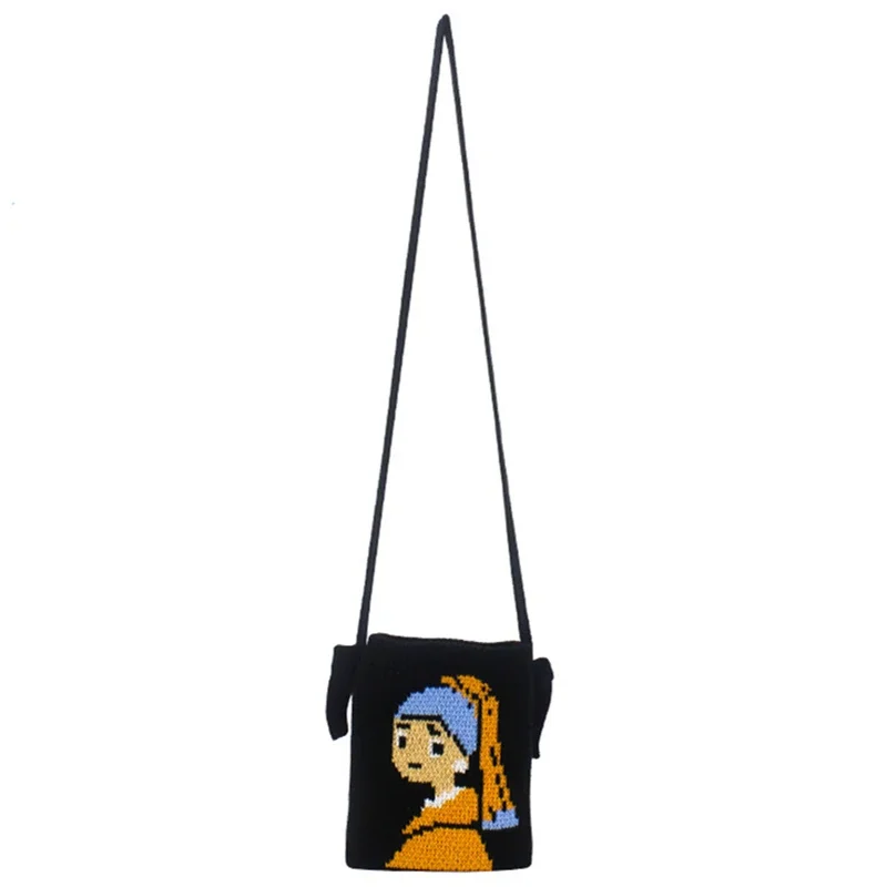 Female Fashion Stylish Crochet Girl with A Pearl Earring Side Sling Shoulder Bag Women Vintage Small Size Daily Phone Pouch Bag