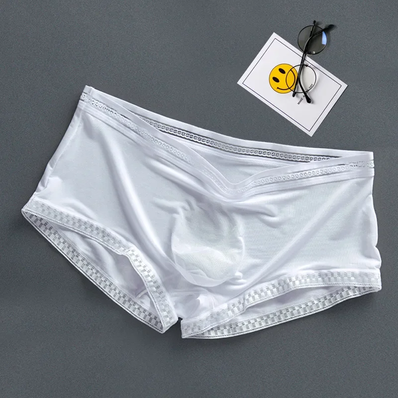 Boxers para hombre, ropa interior de seda helada, Boxer fresco de verano, bolsa 3d transpirable, pantalones cortos con flechas, calzoncillos transparentes de moda para hombre