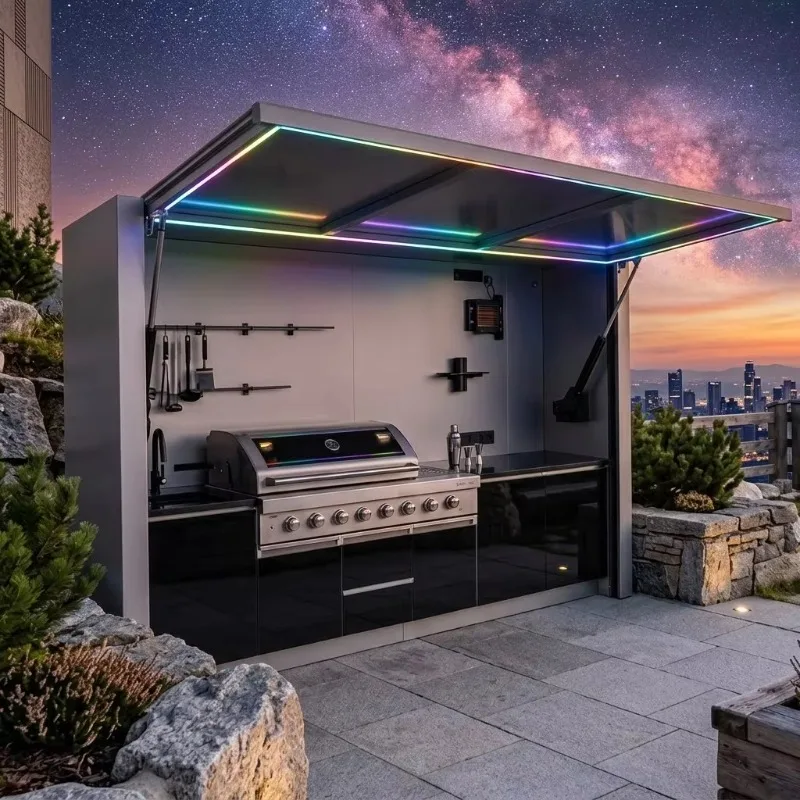Luxury SS304 Outdoor Kitchen BBQ Pod Cool to the Touch Outdoor Kitchen BBQ Island with Shed for Patio Garden Use