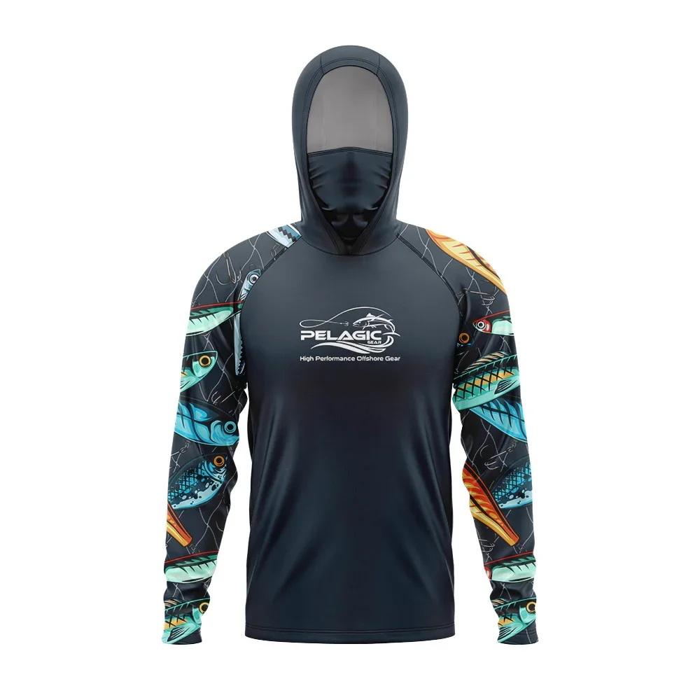 Pelagic Gear Fishing Shirts Upf 50 Long Sleeve Hooded Face Cover Camisa Pesca Quick Dry UV Protection Fishing Face Mask Clothes