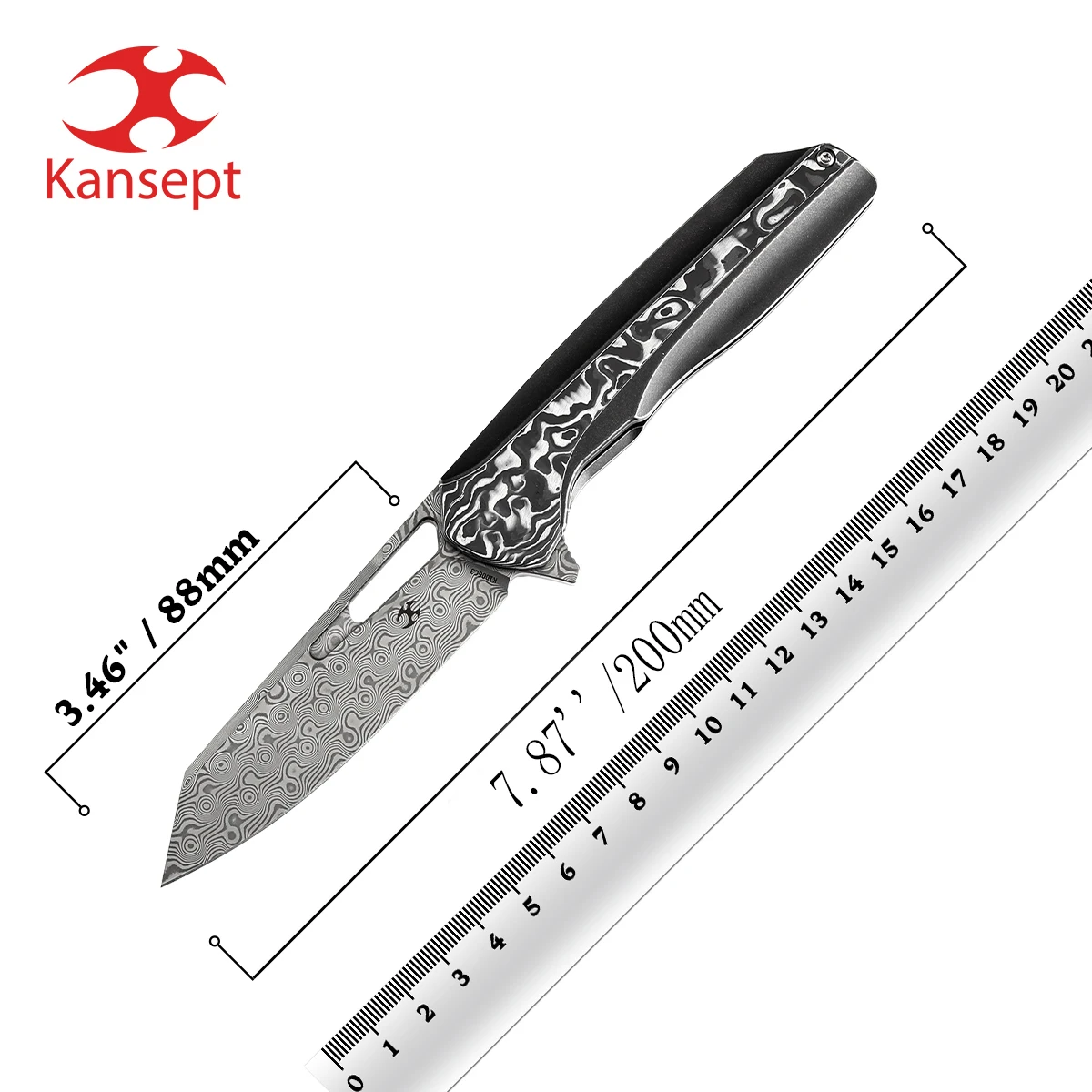 Kansept Folding Knives K1006 3.48'' Damascus/ CPM-S35VN Blade with Carbon Fiber/Timascus/Titanium Handle Designed for Daily Use