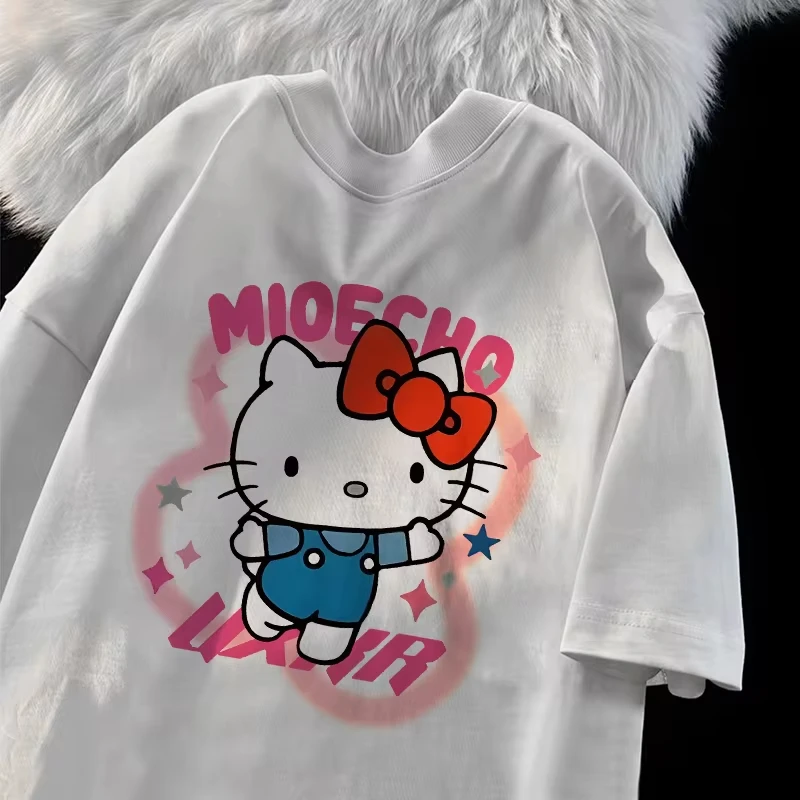 Sanrio Hello Kitty Graphic Anime Cartoon Fun Print Cotton T-shirt Men Women Cute Kawaii Summer Y2K Casual Loose Short Sleeve Top