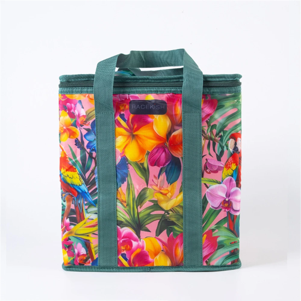 Pastoral Oxford Cloth Storage Bag Thickened Insulation Aluminum Film Flower Printed Tote Bag Outdoor Travel Storage Bag